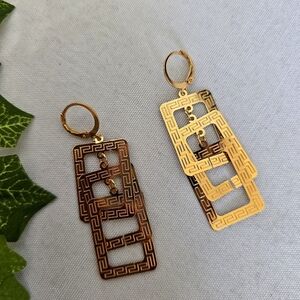 Gold Huggie Hoop Greek Key Rectangle Drop Earrings